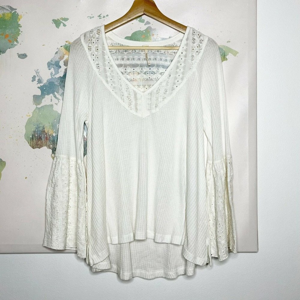 Free People Top Parisian Nights White Eyelet Bell Sleeves Waffle Knit Size Small